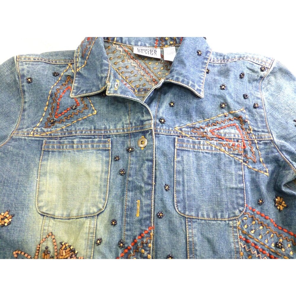 Chicos Design Embellished Denim Jacket Beaded Floral Embroidery Button Front Wom - Picture 8 of 15